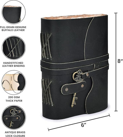 LEATHER VILLAGE Vintage Leather Journal – 200 Handmade Vintage Deckle Edge Paper – Leather bound Journal For Women Men – Vintage Key Closure - Book of Shadows - Black - 8X6 inches (A5)