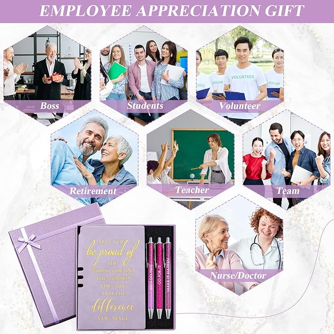 5 Pcs Employee Appreciation Gift Christmas Leather Journal Notebook 3 Ballpoint Pens with Box Thank You for Nurse Medical Assistant Coworker Teacher Social Worker Vet Tech Volunteer(Purple)