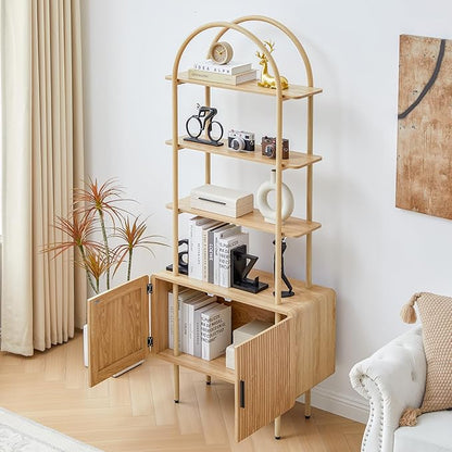 71" Tall Fluted Arched Bookshelf with Doors, Mid Century Modern Metal Bookcase Cabinet with Storage, 4-Tier Industrial Organizer Rack Storage Shelves for Home Office, Living Room (Natural)