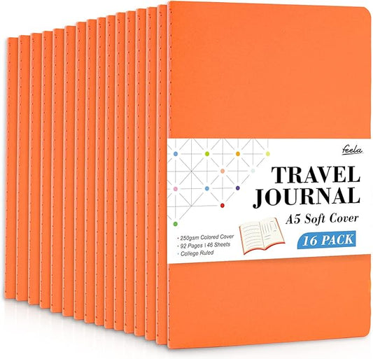 feela 16 Pack Soft Cover Journal Bulk, Lined Notebooks College Ruled for Work for Women Girl Writing, Blank Travel Journal Note Taking Notebook School Business Supplies, 8.2” x 5.5”, A5, Orange