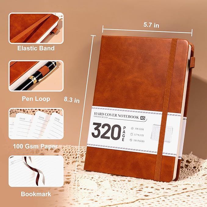 CAGIE Journal Notebook for Men Women- Brown Journaling Notebooks Journals Leather for Writing Work Diary A5 Hardcover Thick