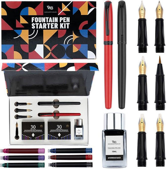 Wordsworth and Black Fountain Pen Set - Black - Includes 2 Pens, 18 ML Ink Bottle, 60 Ink Cartridges, A Refill Converter, 1 Medium and 4 Broad Nibs, Brush Pen - Fountain Pen Kit for Beginners
