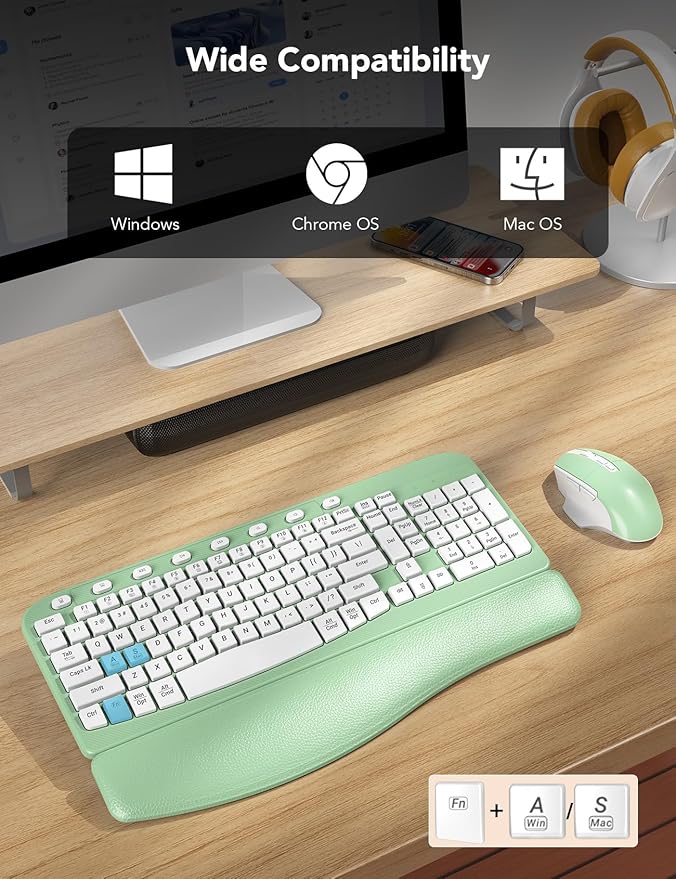 SABLUTE Wireless Keyboard and Mouse Combo, Ergonomic Wave Keys, Cushioned Plam Rest, Comfortable Silent Natural Typing, 2.4G Lag-Free, Full Size Keyboards Cordless Set for Multi-OS, Windows/Mac, Green