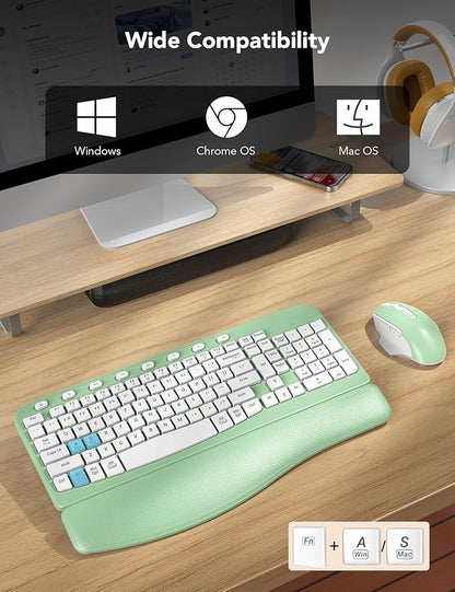 SABLUTE Wireless Keyboard and Mouse Combo, Ergonomic Wave Keys, Cushioned Plam Rest, Comfortable Silent Natural Typing, 2.4G Lag-Free, Full Size Keyboards Cordless Set for Multi-OS, Windows/Mac, Green