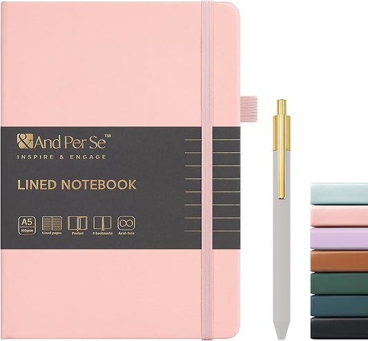 &And Per Se Lined Journal and Pen Set, A5 Leather Journal Stationery Set, 160 Pages 100GSM Thick Paper, Notebook Gift Set (Pink-Set1)