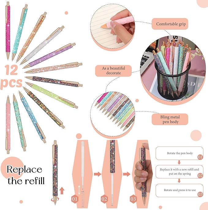 Sabary 12 Pcs Fancy Pens for Women Girls Glitter Sparkly Pretty Cute Pens with 12 Pcs Replacement Black Ink Refills Retractable Journaling Ballpoint Gifts for Christmas Office School Supplies
