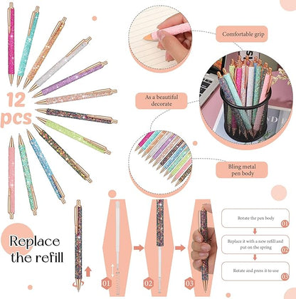 Sabary 12 Pcs Fancy Pens for Women Girls Glitter Sparkly Pretty Cute Pens with 12 Pcs Replacement Black Ink Refills Retractable Journaling Ballpoint Gifts for Christmas Office School Supplies