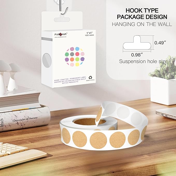 PARLAIM 1 Inch Round Permanent Adhesive Color-Code Dot Stickers,1000 per Roll dots Label Dispenser Box,Kraft Circle Stickers Label for Office Home