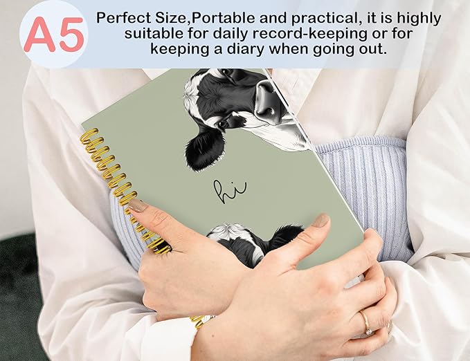 Cow Notebook Journal,Green Cute Animal Notebook Journal for School Women Teen Girls Kids,Gifts for Cow Lovers,Hardcover Spiral Notebooks for Work Notes Journaling,5.5x8.3 Inch