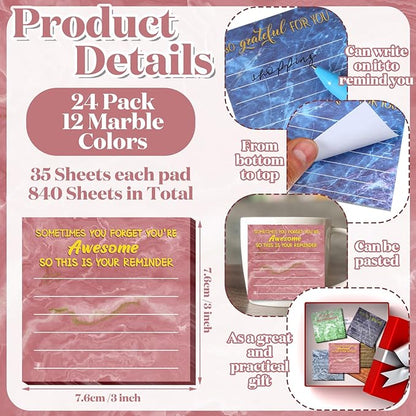 Yinder 24 Pcs Employee Appreciation Sticky Notes Xmas Gift Bulk Motivation Note Pads Mini Inspirational Note Gift for Teacher Nurse Staff Coworker Office Supply 3 x 3'' (Appreciation,Marble)