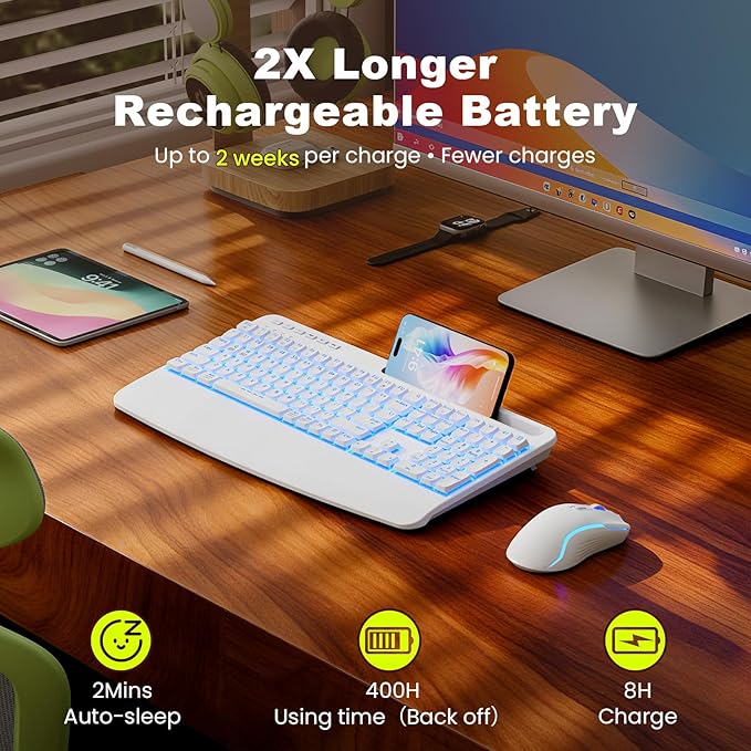 White Keyboard and Mouse Wireless Combo, 4000mAh Rechargeable Backlit Quiet Keyboards mice set, USB Ergonomic Key Board with Wrist Rest & Phone Holder for PC, Mac, Windows, Natural Soft Typing—SABLUTE