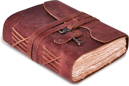 LEATHER VILLAGE Vintage Leather Journal – 200 Handmade Vintage Deckle Edge Paper – Leather bound Journal For Women Men – Vintage Key Closure - Book of Shadows - Red Brown - 8X6 inches (A5)