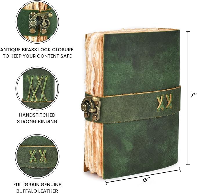 LEATHER VILLAGE Leather Bound Vintage Journal for Women & Men - Book of Shadows - Lock Closure - 200 Pages of Antique Deckle Edges Handmade Paper - Green Color - 7 x 5 inches