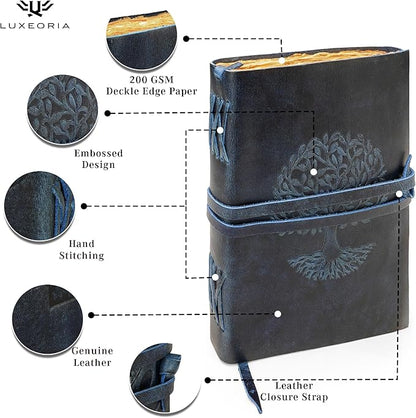 LUXEORIA Tree Of Life Leather Journal for Women and Men, Handcrafted Leather Journal for Writing Womens, Sketchbook, Travel Diary with Unlined Deckle Paper, Dark Blue 7x10