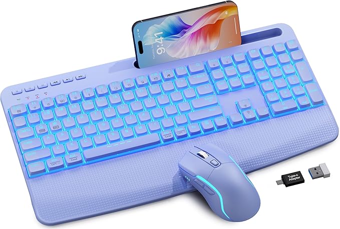 Purple Keyboard and Mouse Wireless Combo, 4000mAh Rechargeable Backlit Quiet Keyboards mice Set, USB Ergonomic Key Board with Wrist Rest & Phone Holder for PC, Mac, Windows, Natural Soft Typing