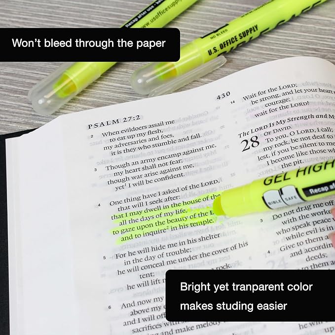 U.S. Office Supply Bible Safe Highlighter Set of 6 Yellow Bright Fluorescent Markers, Dry Bible Highlighters No Bleed, Fade or Smear, Safe Gel Markers, Accessories, Study Guide