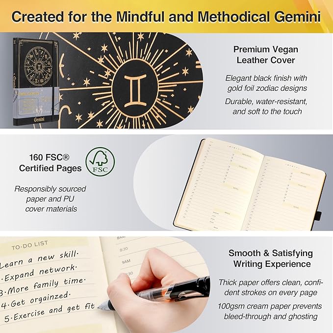 Gemini Zodiac Astrology Undated Monthly Weekly Daily Planner Journal Hardcover A5 5.7" x 8.3" 160 Pages 100GSM Paper 2025 2026 2027 Holidays Calendar