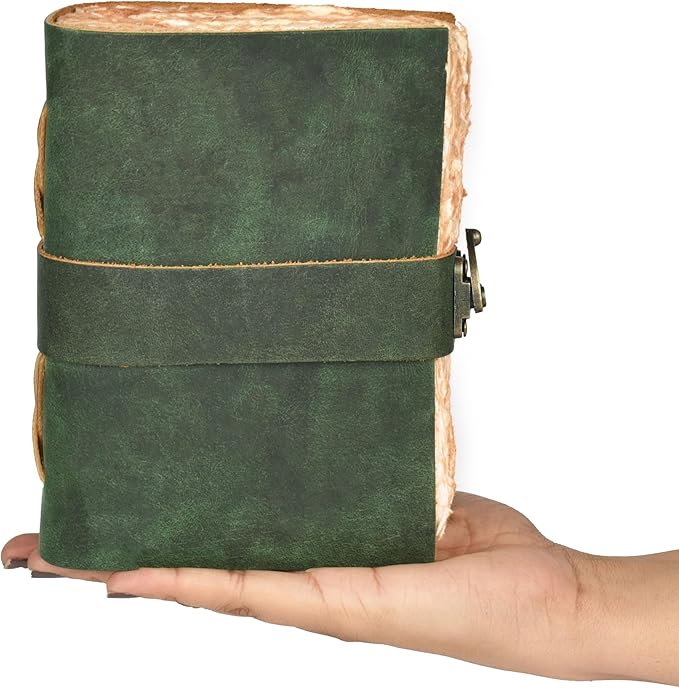 LEATHER VILLAGE Leather Bound Vintage Journal for Women & Men - Book of Shadows - Lock Closure - 200 Pages of Antique Deckle Edges Handmade Paper - Green Color - 7 x 5 inches