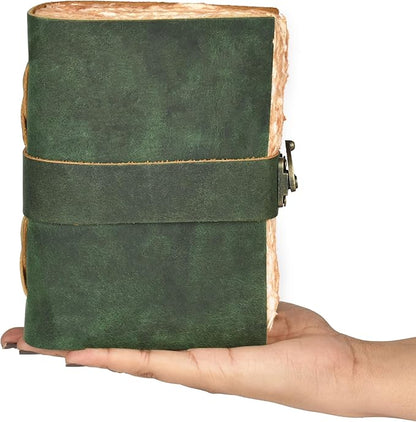 LEATHER VILLAGE Leather Bound Vintage Journal for Women & Men - Book of Shadows - Lock Closure - 200 Pages of Antique Deckle Edges Handmade Paper - Green Color - 7 x 5 inches