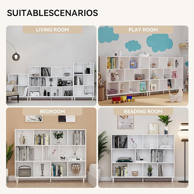 Wood Cube Storage Organizer White Bookshelf - 3-Tier Freestanding Storage Cabinet with Legs for Home Office, 11-Cubes Open Shelf