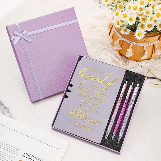 5 Pcs Employee Appreciation Gift Christmas Leather Journal Notebook 3 Ballpoint Pens with Box Thank You for Nurse Medical Assistant Coworker Teacher Social Worker Vet Tech Volunteer(Purple)