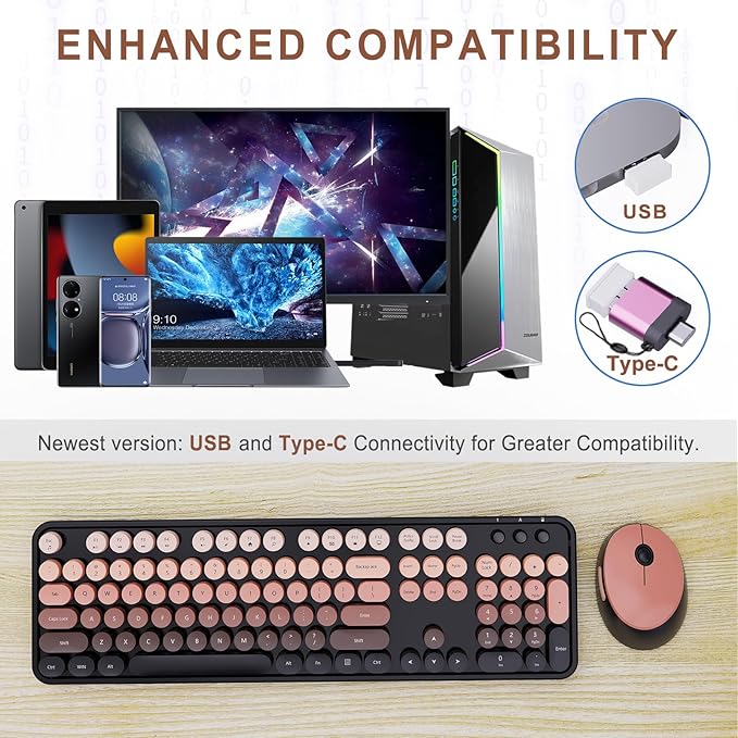 Wireless Keyboard and Mouse Combo, Ergonomic Full Size Typewriter Retro Round Keycaps Keyboard, Compatible with Windows, PC, Perfer for Home and Office Keyboards (Aurora Red)