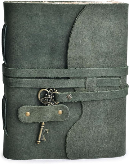 LEATHER VILLAGE Vintage Leather Journal – 200 Handmade Vintage Deckle Edge Paper – Leather bound Journal For Women Men – Vintage Key Closure - Book of Shadows - Aqua - 8X6 inches (A5)