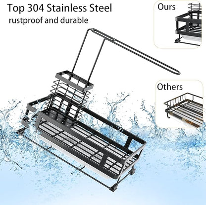 Godboat X-Large Capacity Kitchen Sink Organizer with Brush Rack, 304 Stainless Steel, Sponge Holder for Kitchen Sink, Sink Caddy with Drain-Pan, Cool Kitchen Gadgets & Gifts for Women, Christmas