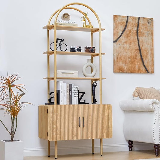 71" Tall Fluted Arched Bookshelf with Doors, Mid Century Modern Metal Bookcase Cabinet with Storage, 4-Tier Industrial Organizer Rack Storage Shelves for Home Office, Living Room (Natural)