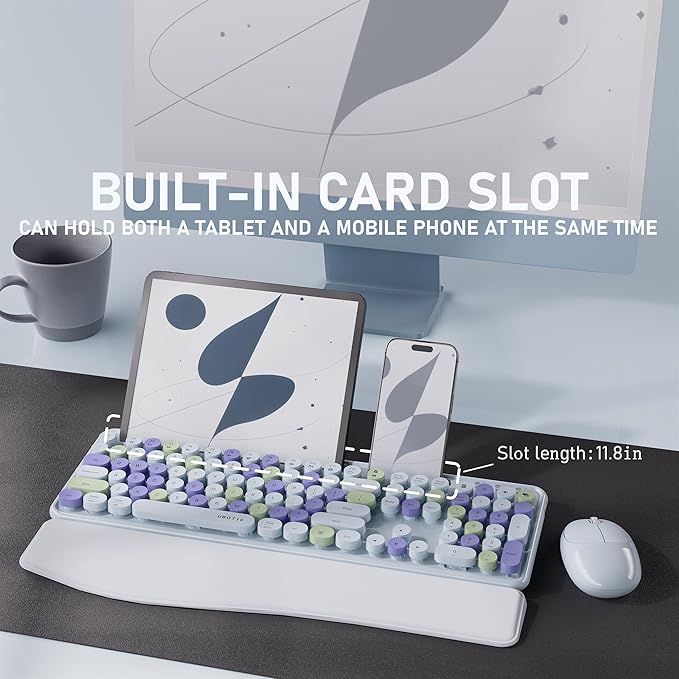 UBOTIE Wireless Keyboard and Mouse Combo with Phone Holder Wrist Rest, Round Colorful Keys, Power Switches, 2.4GHz USB Receiver, Full-Size QWERTY Layout for PC Laptop(Light-Blue)