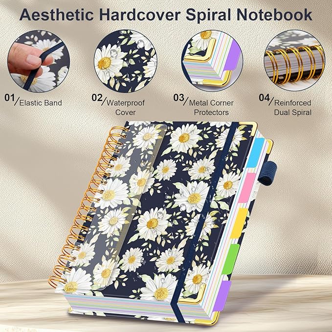 Spiral Journal Notebook for Work, 300 Pages 5 Subject Notebook College Ruled with Dividers & Tabs, 8''x 10'' Large Cute Notebooks Journal for Women Students Note-Taking and Organizer (White Daisy)