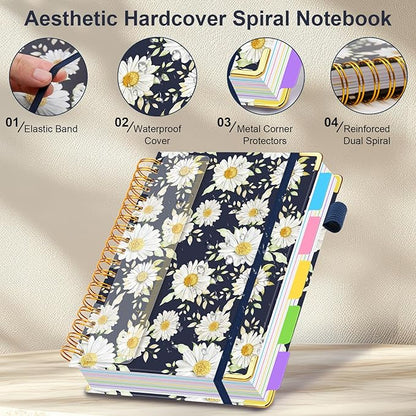 Spiral Journal Notebook for Work, 300 Pages 5 Subject Notebook College Ruled with Dividers & Tabs, 8''x 10'' Large Cute Notebooks Journal for Women Students Note-Taking and Organizer (White Daisy)