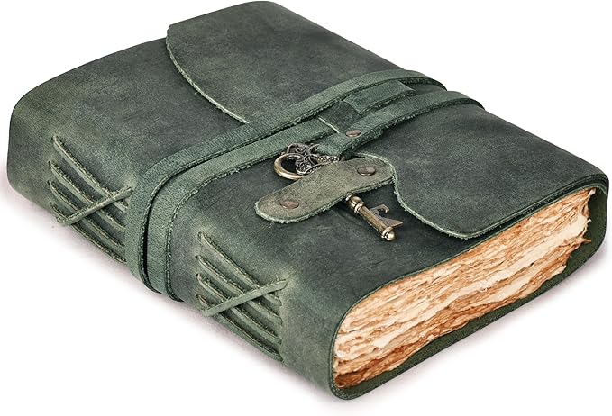 LEATHER VILLAGE Vintage Leather Journal – 200 Handmade Vintage Deckle Edge Paper – Leather bound Journal For Women Men – Vintage Key Closure - Book of Shadows - Aqua - 13X8 inches