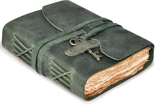 LEATHER VILLAGE Vintage Leather Journal – 200 Handmade Vintage Deckle Edge Paper – Leather bound Journal For Women Men – Vintage Key Closure - Book of Shadows - Aqua - 13X8 inches