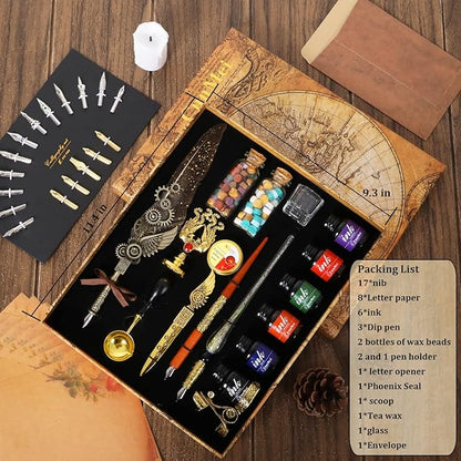 Quill Pen and Ink Set - Mechanical Punk Feather pen - Wooden Dip Pen - Glass Drawing Pen - Multi Ink Calligraphy Pen Set - Basic Wax Seal Stamp Kit- 17 Calligraphy Nibs（Grey）