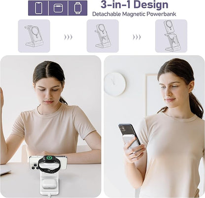 3 in 1 Wireless Charging Station: 10000mAh Removable Power Bank Charger Stand for Phone/Watch/Air Pods - Portable Magnetic Battery Pack for Air 17 16 15 14 13 12 Series White