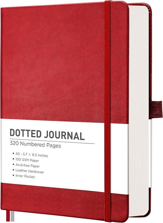 RETTACY Bullet Dotted Journal Notebook, 320 Numbered Pages, A5 Medium Size (5.7'' × 8.3''), Leather Hardcover, 100 GSM Thick Paper, for Bullet Journaling, Planning, Tracking (Red)