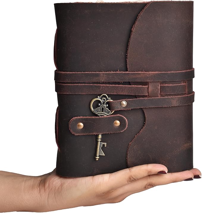 LEATHER VILLAGE Vintage Leather Journal – 200 Handmade Vintage Deckle Edge Paper – Leather bound Journal For Women Men – Vintage Key Closure - Book of Shadows - Chocolate Brown - 8X6 inches (A5)