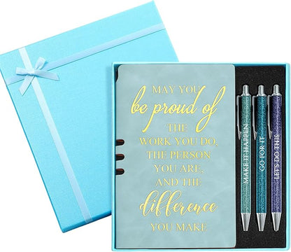 5 Pcs Employee Appreciation Gift Christmas Leather Journal Notebook 3 Ballpoint Pens with Box Thank You for Nurse Medical Assistant Coworker Teacher Social Worker Vet Tech Volunteer(Blue)