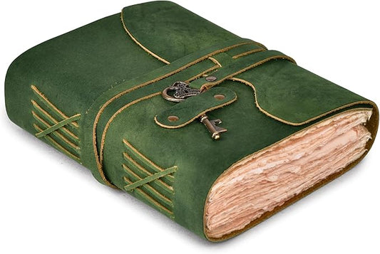 LEATHER VILLAGE Vintage Leather Journal – 200 Handmade Vintage Deckle Edge Paper – Leather bound Journal For Women Men – Vintage Key Closure - Book of Shadows - Green - 13X8 inches