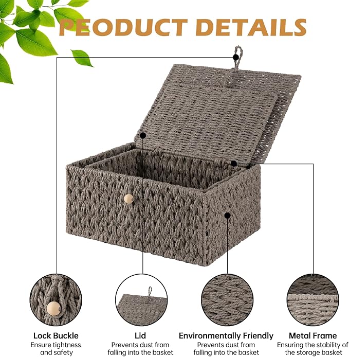 OIAHOMY Wicker Storage Basket with Lid & Lock, Lidded Storage Bins, Decorative Baskets for Organizing, Set of 2-Grey
