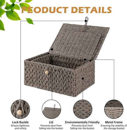 OIAHOMY Wicker Storage Basket with Lid & Lock, Lidded Storage Bins, Decorative Baskets for Organizing, Set of 2-Grey