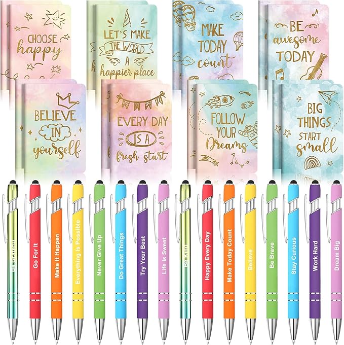 Funrous 32 Pcs Motivational Quote Pens Inspirational Notepads Mini Journal with Ballpoint Pen Small Notebooks Gift Set for Men Women Coworkers, Adult Party Favors Prizes Gift Bulk(Watercolor)