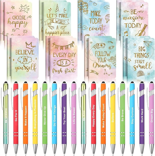 Funrous 32 Pcs Motivational Quote Pens Inspirational Notepads Mini Journal with Ballpoint Pen Small Notebooks Gift Set for Men Women Coworkers, Adult Party Favors Prizes Gift Bulk(Watercolor)