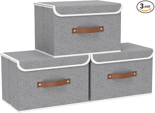 Yawinhe Storage Bins with Lids, Closet Baskets, Washable and Leather Handle, Collapsible Boxes for Home, Grey, 17.7''Lx11.8''Wx11.8''H, 3-Pack, USNK024GX-3