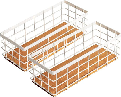 TIEYIPIN Small Metal Wire Storage Basket, Detachable Wood Base Storage Organizer Bin Basket for Kitchen Cabinets, Bathroom, Pantry, Garage, Laundry Room (Cream White, 2 Pack)
