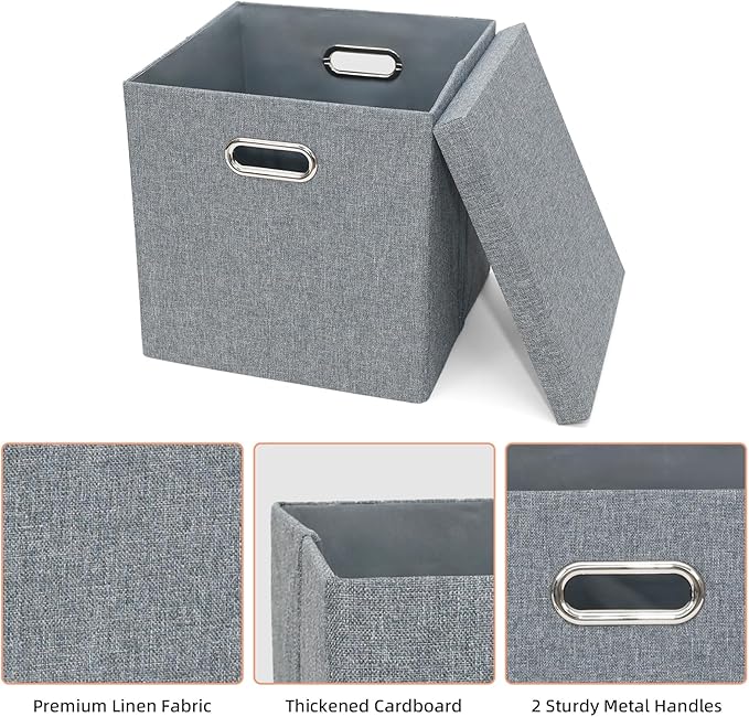 Storage Bins with Lids, Collapsible Linen Fabric Boxes Organizer Containers with Lid Foldable Storage Box Basket for Closet, Shelves, Home, Office, 12 x 12 x 12.4 Inch, 4 Pack, Dark Gray