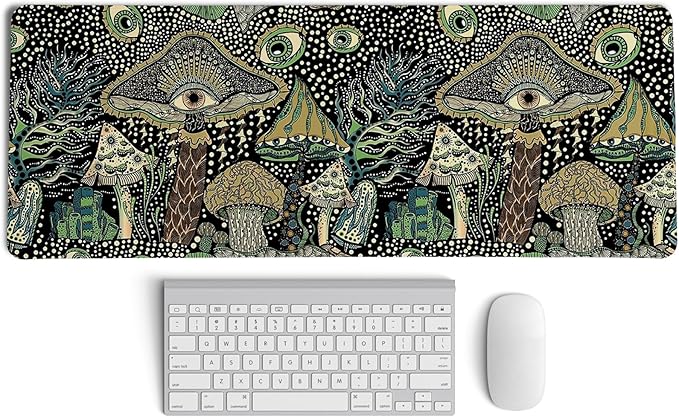 Boho Mushroom Mouse Pad,Dark Green Cottagecore Mushrooms Desk Mat,XL Large Magic Mouse Pads for Dorm Home Office Desktop Decor Art,31.5x11.8 Inch