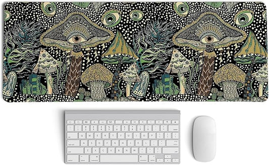 Boho Mushroom Mouse Pad,Dark Green Cottagecore Mushrooms Desk Mat,XL Large Magic Mouse Pads for Dorm Home Office Desktop Decor Art,31.5x11.8 Inch