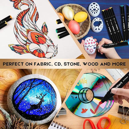 Caliart Markers, 100 Colors Dual Tip Art Markers Sketch Pens Permanent Alcohol Based, with Case for Adults Artists Drawing Illustration Sketching Coloring (Black Barrel)